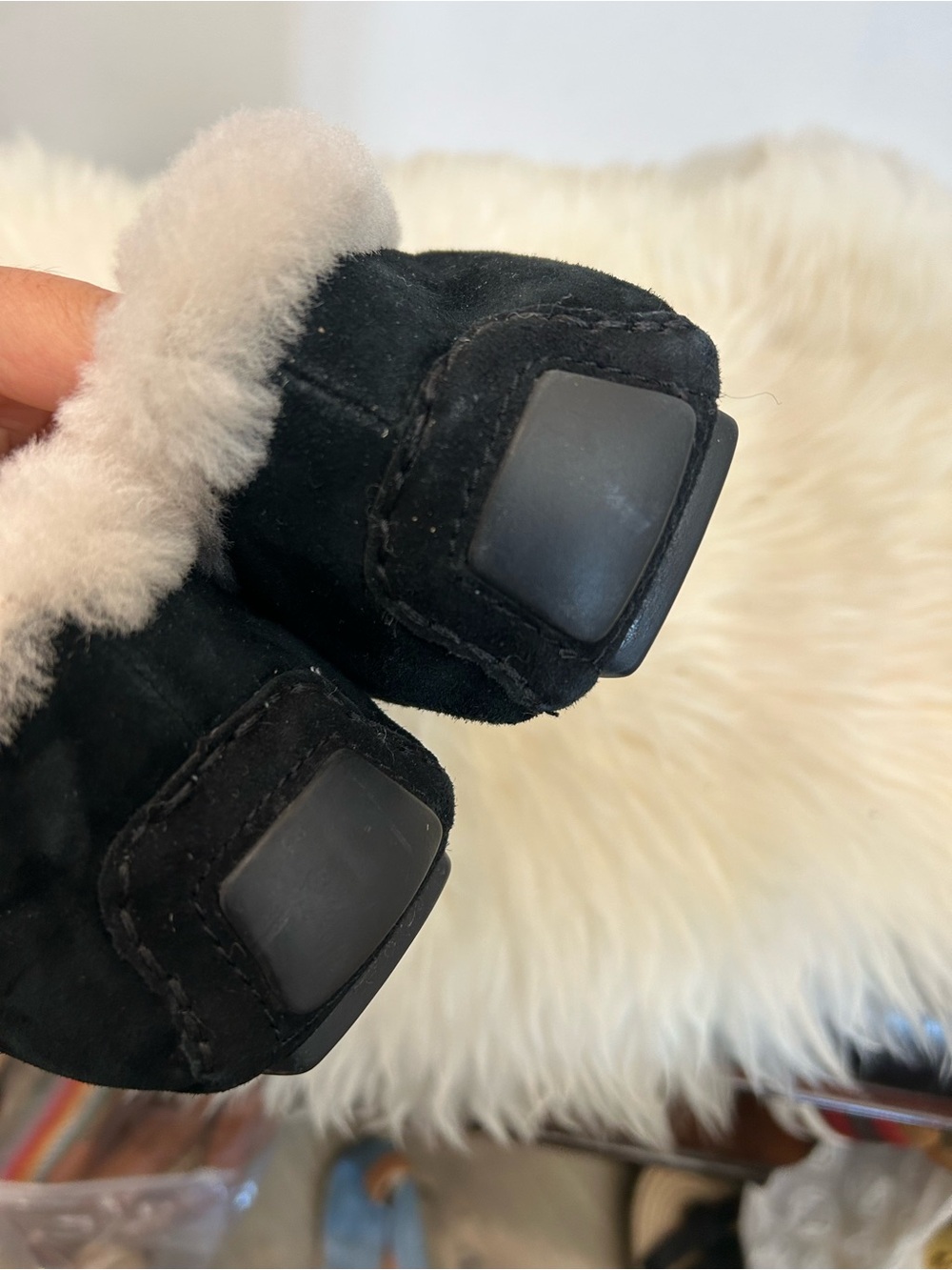 Stuart Weitzman Black Suede Loafers with Cream Shearling Trim and Gold Hardware - Picture 6 of 7